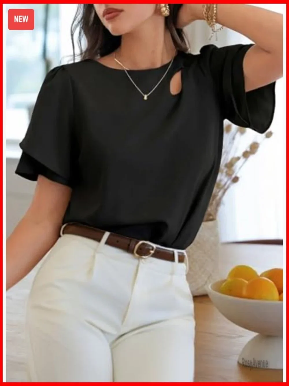 Double Layer Ruffle Sleeve Crewneck Cut-Out Blouse - Picture 4 of 7